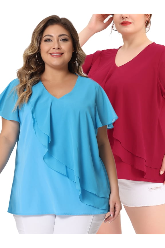 Women's Plus Size Top Short Sleeve Layered Ruffle V Neck Packs Blouses