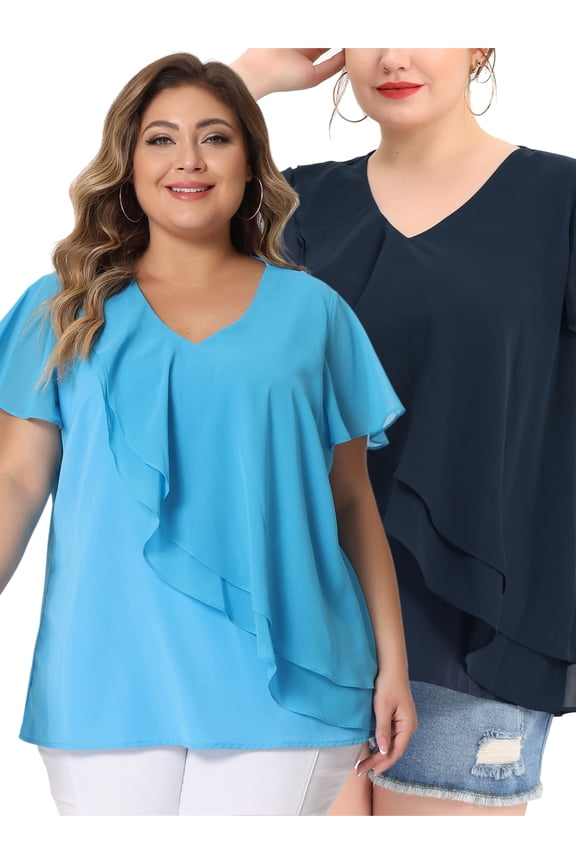 Women's Plus Size Top Short Sleeve Layered Ruffle V Neck Packs Blouses