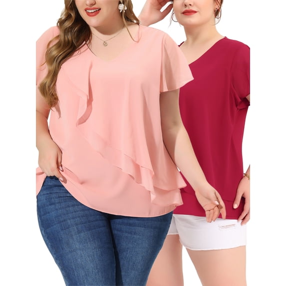 NOMADIC NOOK Women's Plus Size Top Short Sleeve Layered Ruffle V Neck Packs Blouses