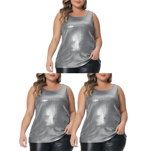 NOMADIC NOOK Women's Plus Size Tops Round Neck Shiny Packs Metallic Tank Top Sleeveless Party Blouse