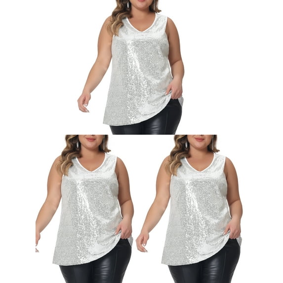 NOMADIC NOOK Women's Plus Size Tops V Neck Sleeveless Sparkle Shimmer Glitter Sequin Packs Tank Top