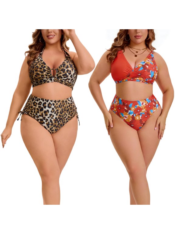 Women's Plus Size Two Piece Bikini Sets Halter Back Self Tie Curvy Cutout String Beach Pool Bathing Suit Swimsuit 1X Black Leopard 1X Orange/Black Leopard