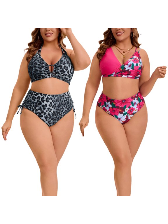 Women's Plus Size Two Piece Bikini Sets Halter Back Self Tie Curvy Cutout String Beach Pool Bathing Suit Swimsuit 1X Black Leopard Large Rose Red/Grey Leopard