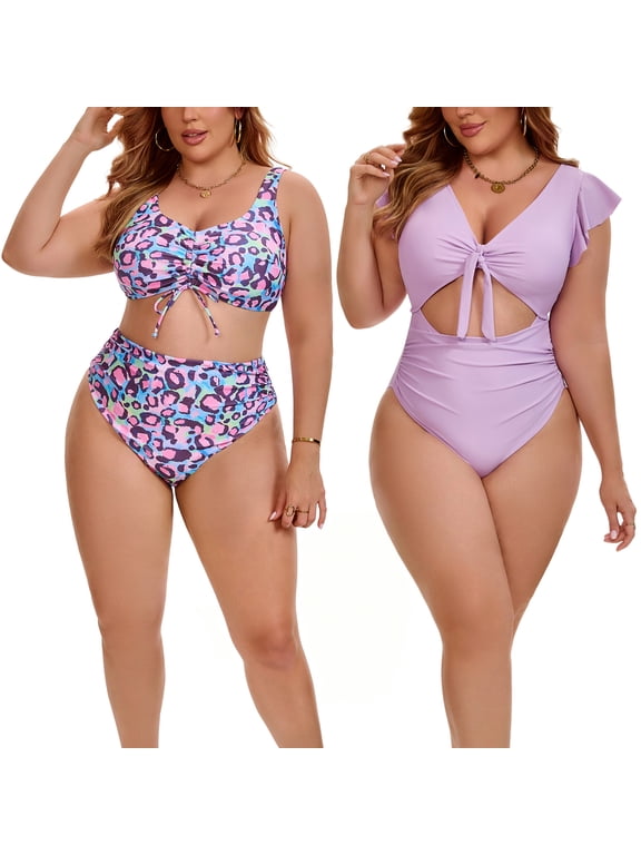 Women's Plus Size Two Pieces Bikini Drawstring Twist Front Push Up High Waisted Shirring Vacation Beach Swimsuit Set 4X Purple/Purple Pink