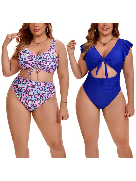 Women's Plus Size Two Pieces Bikini Drawstring Twist Front Push Up High Waisted Shirring Vacation Beach Swimsuit Set Large Navy/Green Pink