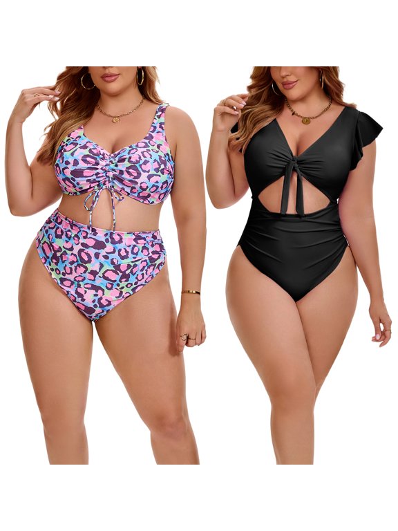 Women's Plus Size Two Pieces Bikini Drawstring Twist Front Push Up High Waisted Shirring Vacation Beach Swimsuit Set 4X Black/Green Pink