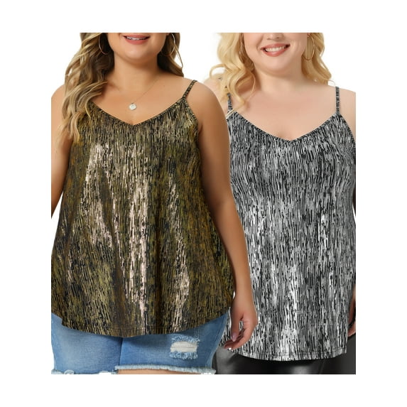 NOMADIC NOOK Women's Plus Size V Neck Bronzing Packs Glitter Sleeveless Casual Camisole