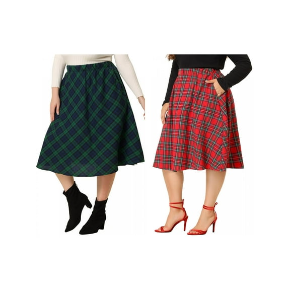 NOMADIC NOOK Women's Plus Size Vintage Skirt A Line Knee Length Casual Plaid Flare Skirt