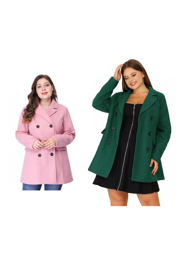 Women's Plus Size Winter Notched Lapel Double Breasted Overcoat 2 PCS