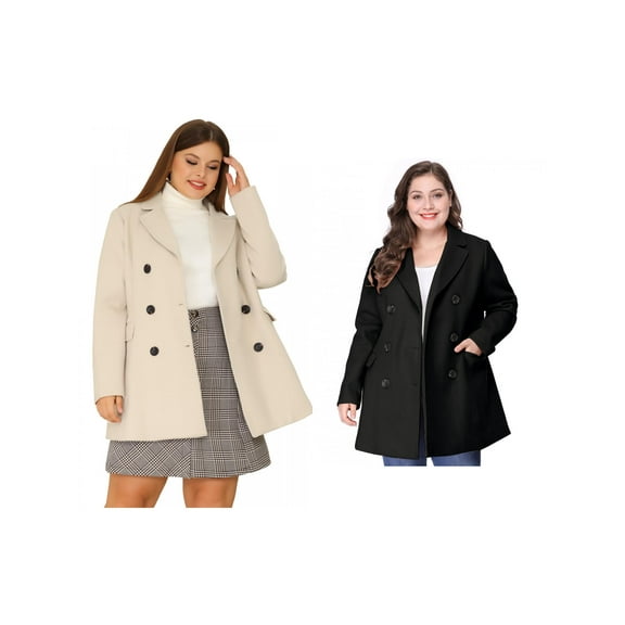 NOMADIC NOOK Women's Plus Size Winter Notched Lapel Double Breasted Overcoat 2 PCS