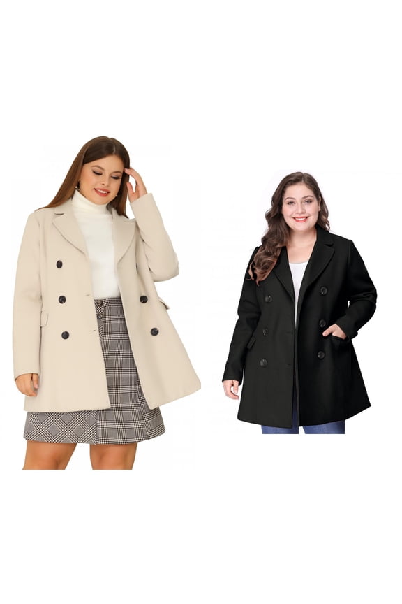 Women's Plus Size Winter Notched Lapel Double Breasted Overcoat 2 PCS
