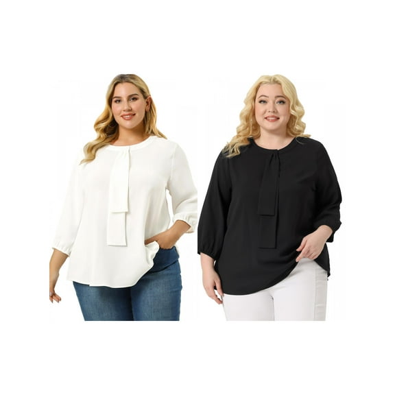 NOMADIC NOOK Women's Plus Size Work Formal 3/4 Sleeve Solid Chiffon Blouse 4X Black/White
