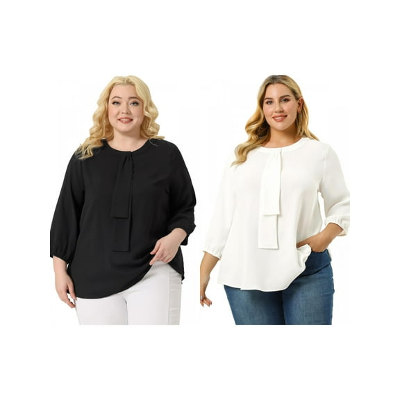NOMADIC NOOK Women's Plus Size Work Formal 3/4 Sleeve Solid Chiffon Blouse 1X Black/White
