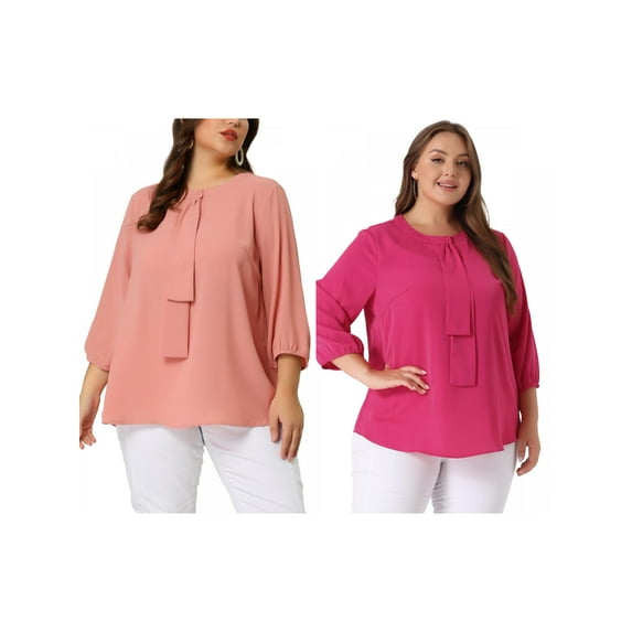 NOMADIC NOOK Women's Plus Size Work Formal 3/4 Sleeve Solid Chiffon Blouse 4X Hot Pink/Pink