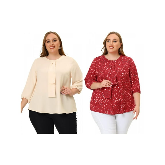 NOMADIC NOOK Women's Plus Size Work Formal 3/4 Sleeve Solid Chiffon Blouse 4X Red White/Beige