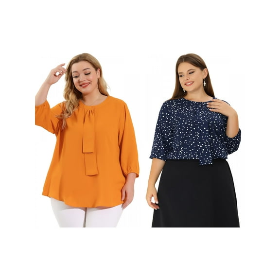 NOMADIC NOOK Women's Plus Size Work Formal 3/4 Sleeve Solid Chiffon Blouse 1X Orange/Blue White
