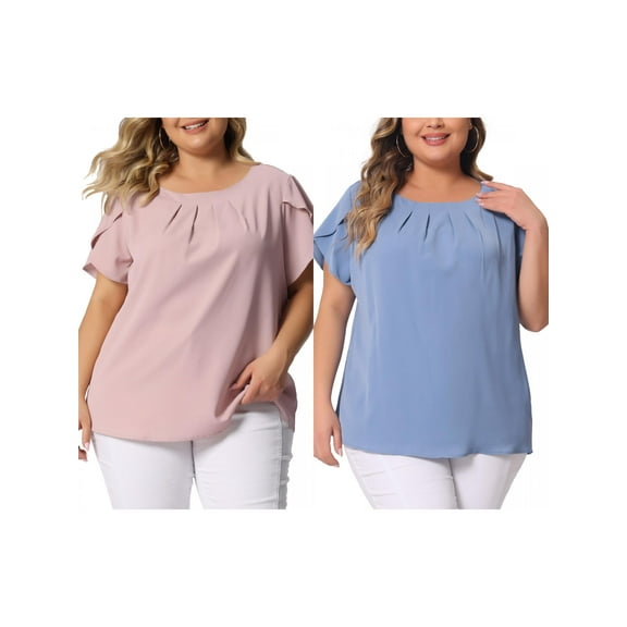 NOMADIC NOOK Women's Plus Size Work Pleated Short Sleeve Round Neck Tulip Sleeves Blouses