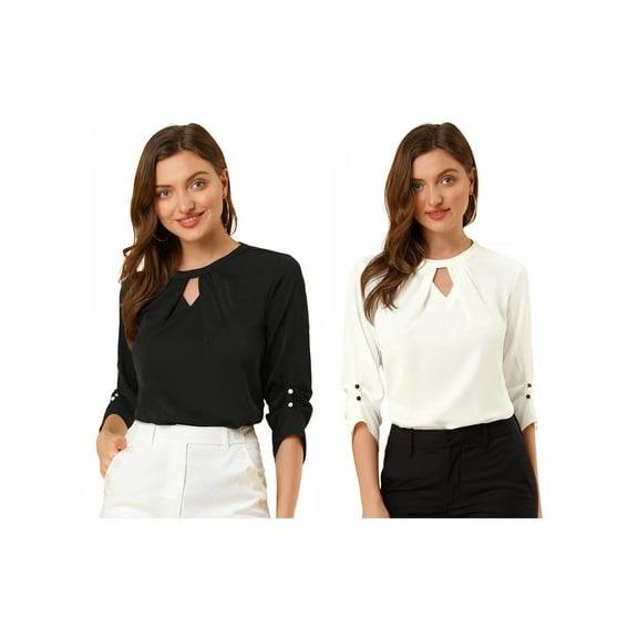 NOMADIC NOOK Women's Round Neck Keyhole Pleated Shirred 3/4 Sleeve Work Top 2 Packs White/Black Large
