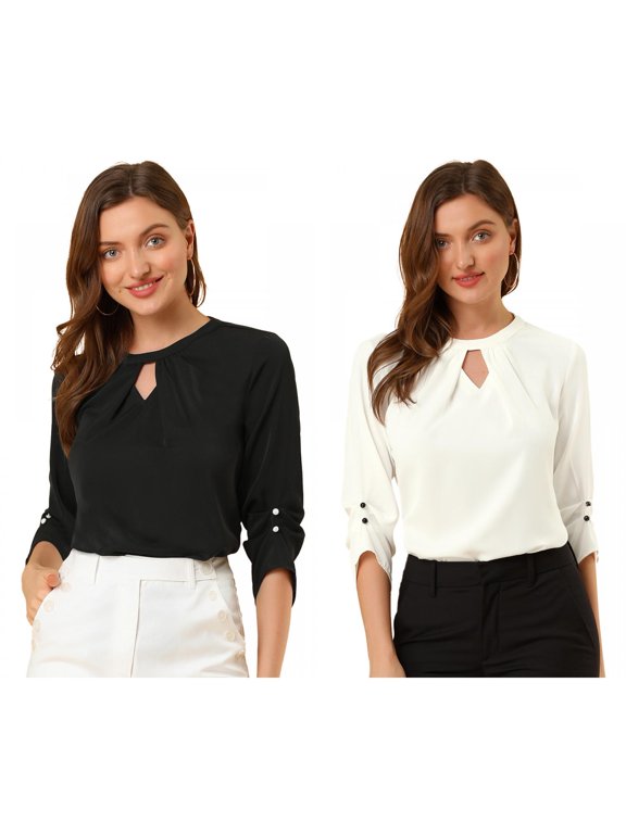 Women's Round Neck Keyhole Pleated Shirred 3/4 Sleeve Work Top 2 Packs White/Black Large