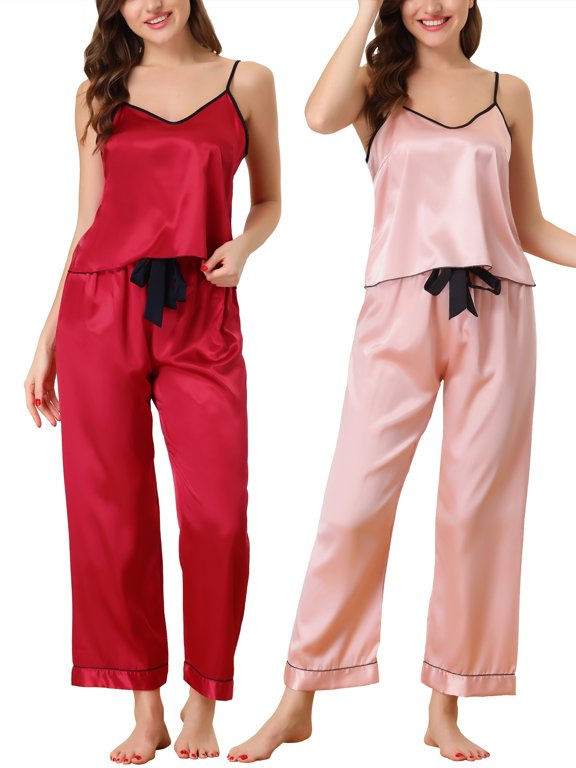 Women's Satin Silky Sleepwear Summer Suspender Cami Top Long Pants Soft Pajama Set