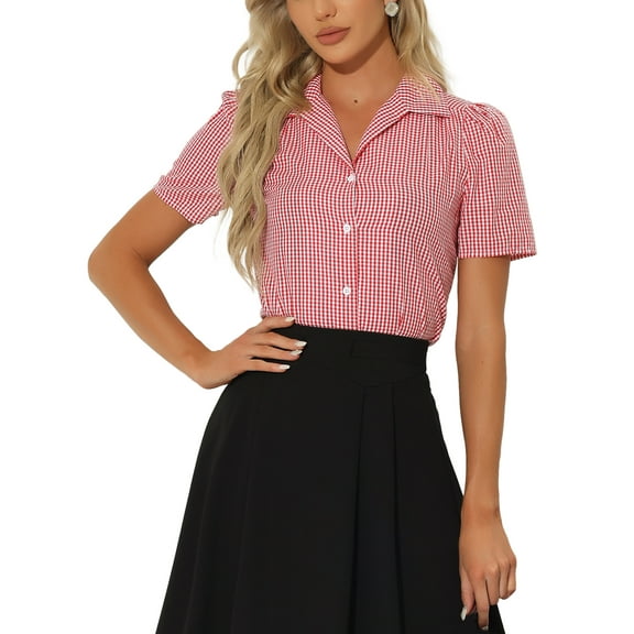INSPIRE CHIC Women's Summer vintage Puff Sleeves Vintage Gingham Blouse M Red