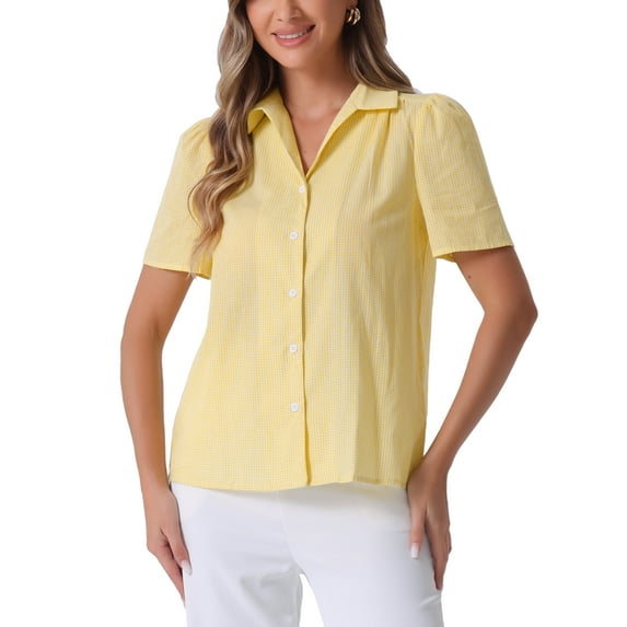 INSPIRE CHIC Women's Summer vintage Puff Sleeves Vintage Gingham Blouse S Yellow