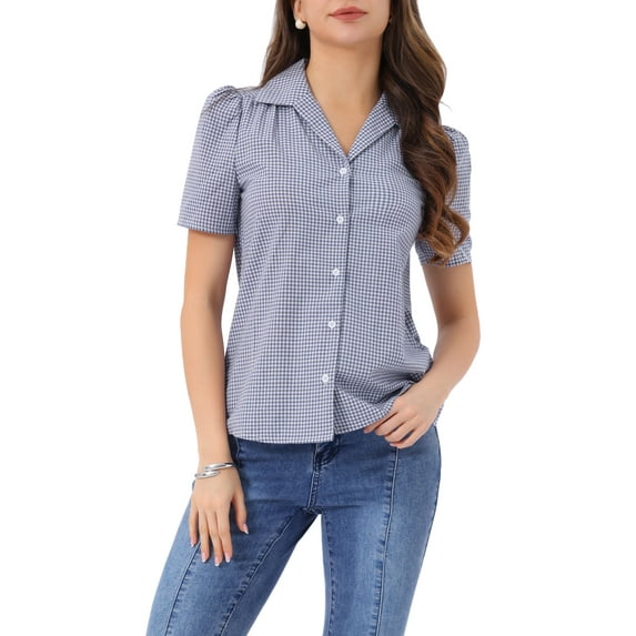 INSPIRE CHIC Women's Summer vintage Puff Sleeves Vintage Gingham Blouse XL Purple