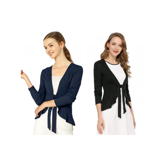 NOMADIC NOOK Women's Tie Front Ruffled Hem Crop Knit Cardigan 2 Packs X-Small Black/Blue