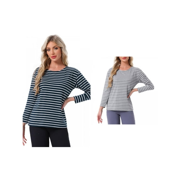 NOMADIC NOOK Womens 2 Pack Pajama Tops Striped Print Cotton Sleep Tees Long Sleeve Crew Neck Lounge Blouse Medium Navy Stripe/Grey Stripe