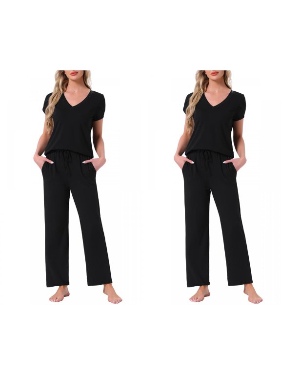 Womens 2 Pack Pajamas V-Neck Short-Sleeve Tee & Drawstring Pants Sleepwear Printed Lounge Sets with Pockets Medium 2 Packs Black