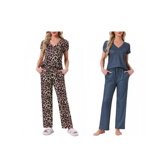 NOMADIC NOOK Womens 2 Pack Pajamas V-Neck Short-Sleeve Tee & Drawstring Pants Sleepwear Printed Lounge Sets with Pockets Small Blue Dot/Leopard