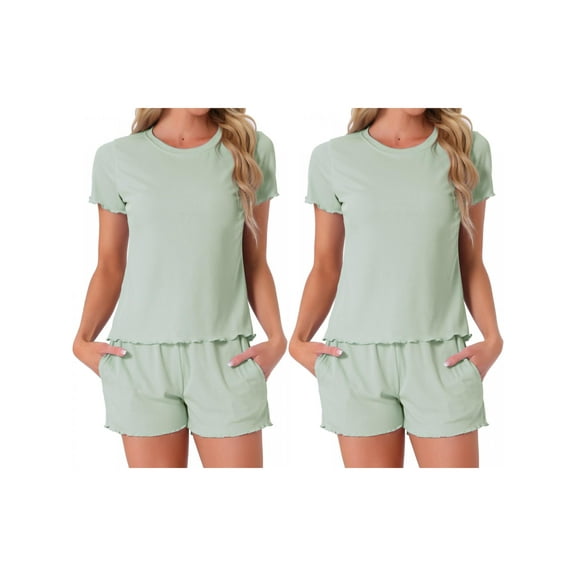 NOMADIC NOOK Womens 2 Pack Ribbed Knit Soft Short-Sleeve Top & Shorts Ruffled Lounge Pajama Set with Pocket Small 2 Packs Green