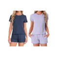 thumbnail image 1 of NOMADIC NOOK Womens 2 Pack Ribbed Knit Soft Short-Sleeve Top & Shorts Ruffled Lounge Pajama Set with Pocket X-Small Navy/Purple, 1 of 6