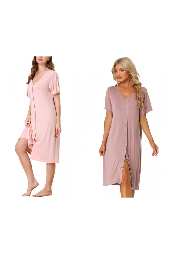 Womens 2 Packs Short Sleeve Nightshirt Button Up Midi Nightgown