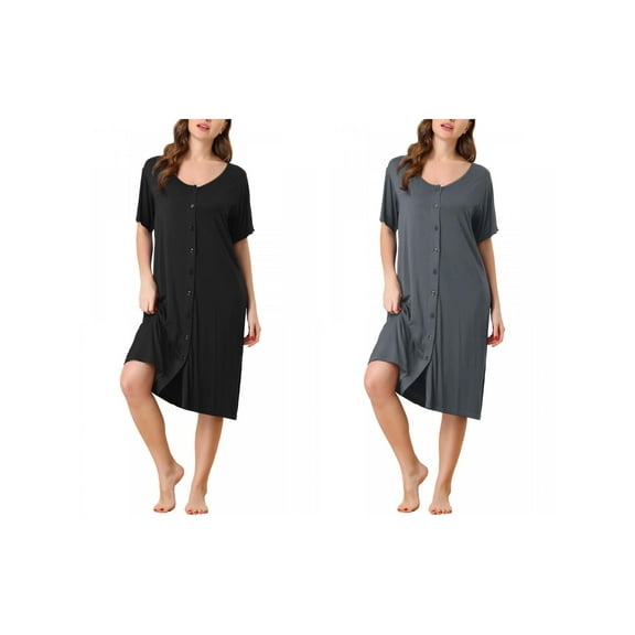 NOMADIC NOOK Womens 2 Packs Short Sleeve Nightshirt Button Up Midi Nightgown