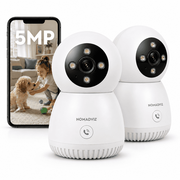 NomadVIZ E2 Pro(2 Pack) 5MP Indoor Pan-Tilt Security Camera with One-Touch Call, Two-Way Audio, Motion Tracking, Remote Viewing, TF Card Storage up to 256GB, EseeCloud App, White