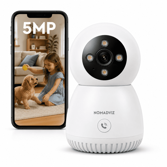 NomadVIZ E2 Pro 5MP Indoor Pan-Tilt Security Camera with One-Touch Call, Two-Way Audio, Motion Tracking, Remote Viewing, TF Card Storage up to 256GB, EseeCloud App, White