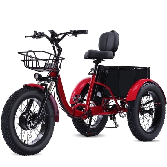 NOMIGO Electric Tricycle, 7 Speed 3 Wheel Electric Bicycle with 48V 15Ah Lithium Battery, 20" Tires Electric Tricycle for Unisex Adults with Rear Basket Red