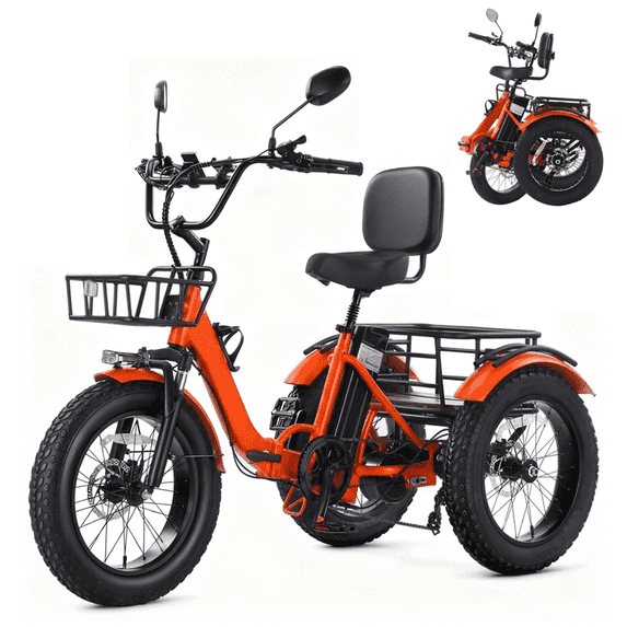 NOMIGO Electric Tricycle Pre-Assembled 90% 3 Wheel Folding Electric Bicycle with 48V16Ah Lithium Battery 750W 20*4.0" Fat Tire Electric Tricycle for Adults Orange
