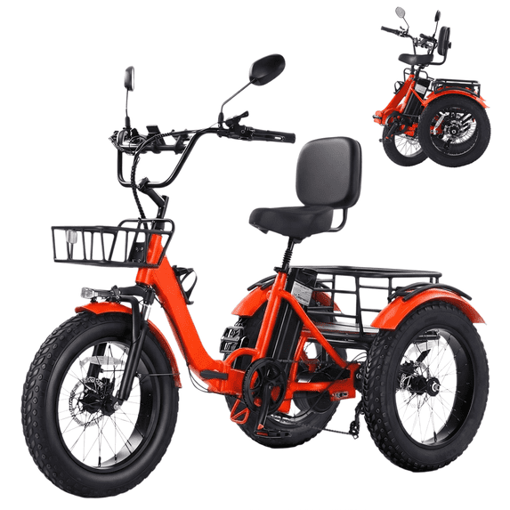 NOMIGO Electric Tricycle Pre-Assembled 90% 3 Wheel Folding Electric Bicycle with 48V16Ah Lithium Battery 750W 20*4.0" Fat Tire Electric Tricycle for Adults Orange