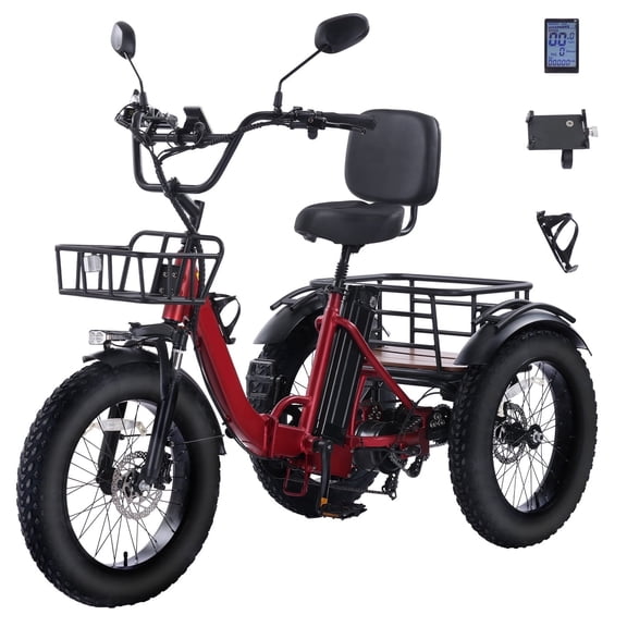 NOMIGO Electric Tricycle Pre-Assembled 90% 3 Wheel Folding Electric Bicycle with 48V16Ah Lithium Battery 750W 20*4.0" Fat Tire Electric Tricycle for Adults Red