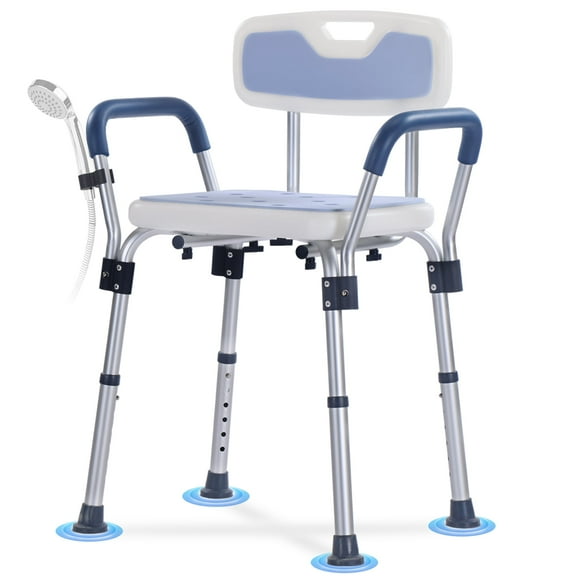NOMIGO Shower Chair with Backrest, Cushioned Seat, and Armrests 6-Level Height Adjustment Easy Assembly Shower Stool 300-Pound Weight Capacity Blue