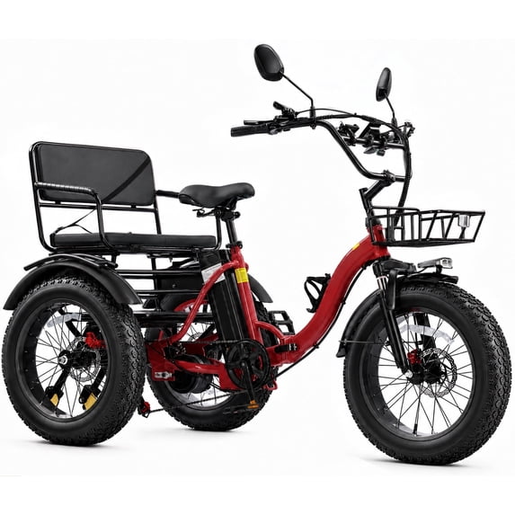 NOMIGO Two Seater Electric Tricycle with 7 Speed 3 Wheel Electric Bicycle Max 20MPH 20*4.0" Fat Tire ,48V 20Ah Lithium Battery 750W Motor Electric Tricycle for Adults with 2 Baskets Red