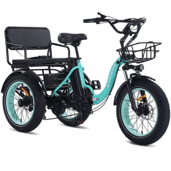 NOMIGO Two Seater Electric Tricycle Pre-assembled 7 Speed 3 Wheel Electric Bicycle Max 20MPH 20*4.0" Fat Tire W/ 48V 20Ah Lithium Battery 750W Motor Electric Tricycle for Adults with 2 Baskets Green