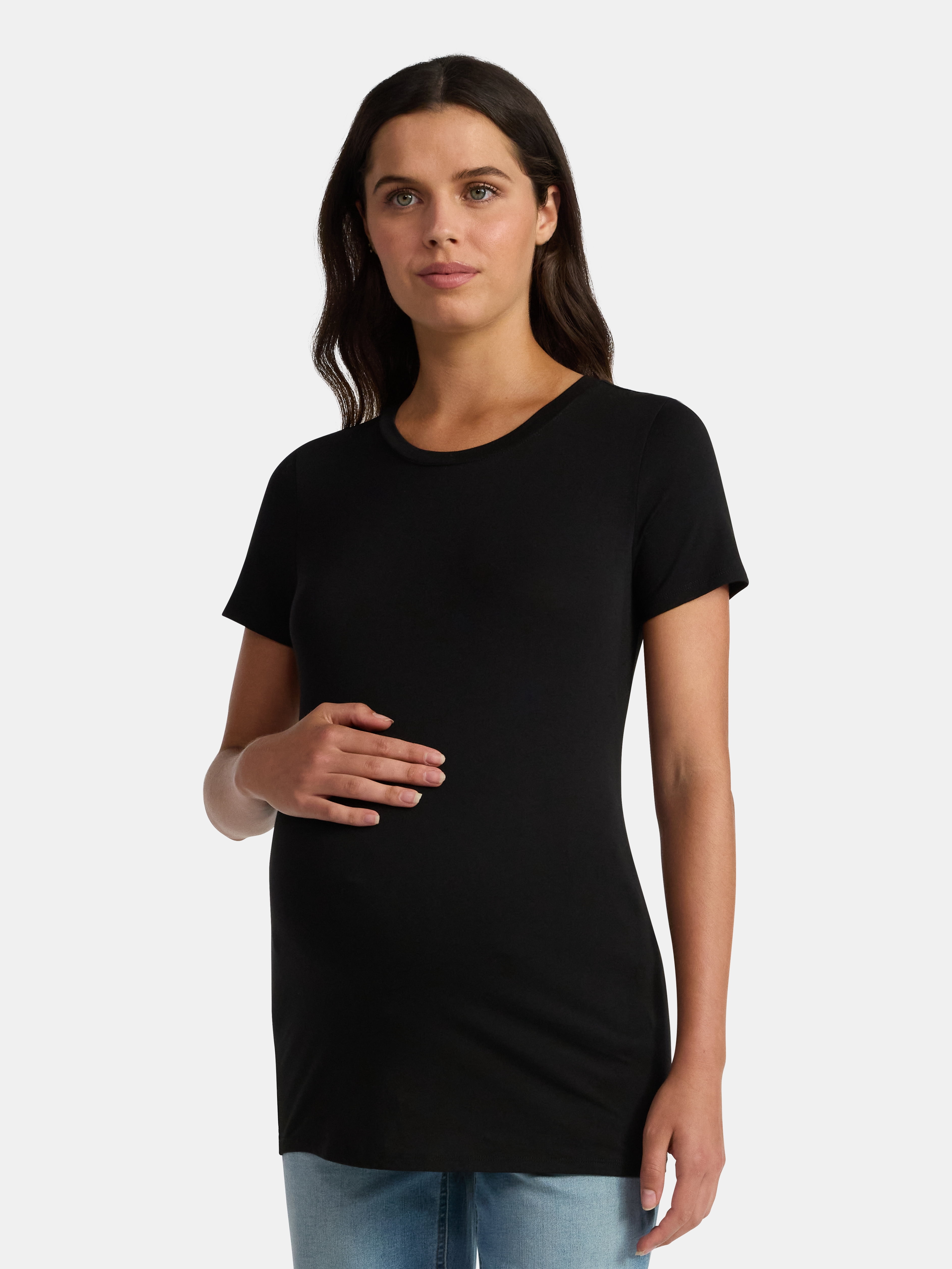 Time and Tru Women's Maternity Non Shirred Tee with Short Sleeves, Sizes S-XXL