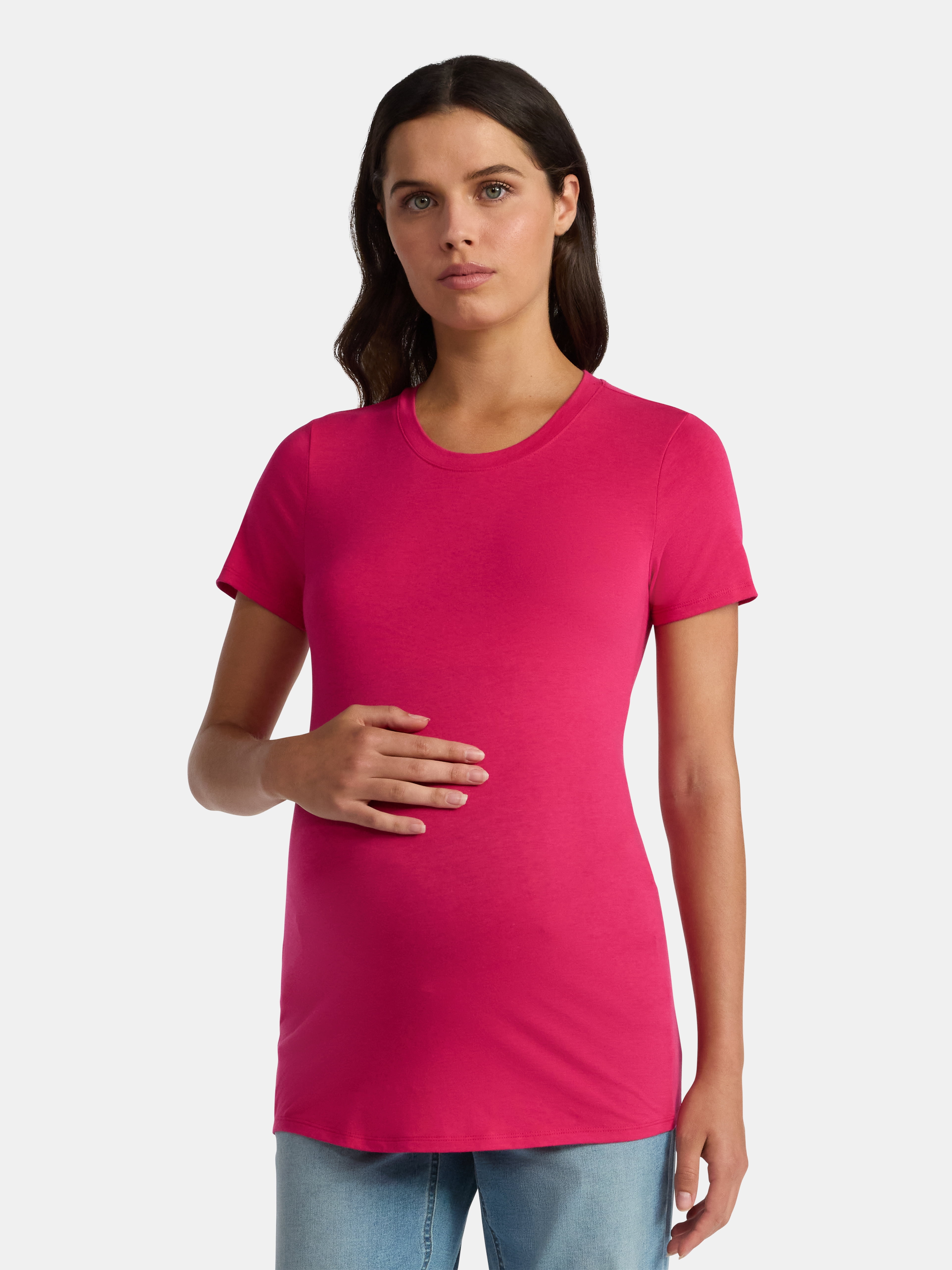 Time and Tru Women's Maternity Non Shirred Tee with Short Sleeves, Sizes S-XXL