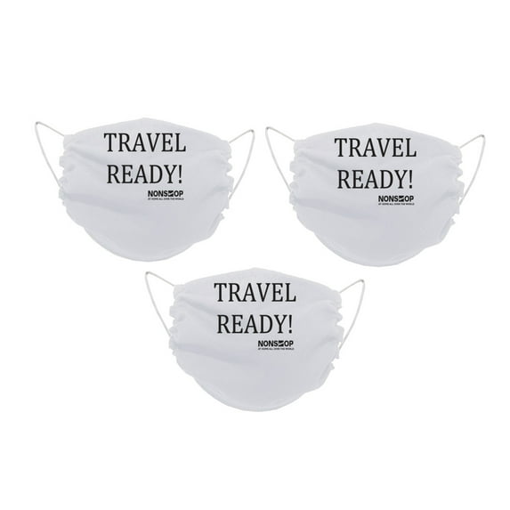 NONSTOP Fun Travel Quotes "Travel Ready!" Lightweight Travel Facemask (White, 3-Pack)