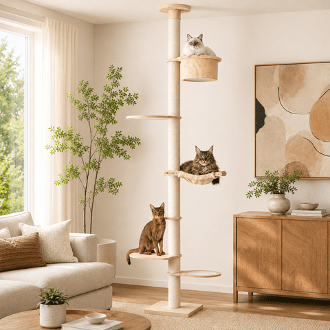 NONTA Floor-to-Ceiling Cat Tree, Adjustable 88107 in Wooden Cat Tower with Hammock, Perches & Sisal Scratching Posts, Natural White