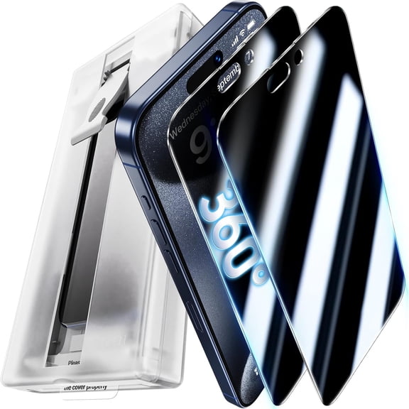 NOO 2 Packs for iPhone 15 Pro Privacy Screen Protector - 360Anti-Spy 4way Tempered Glass Screen Protector 15 Pro Zero Bubble Case Friendly [Automatic Dust Removal]