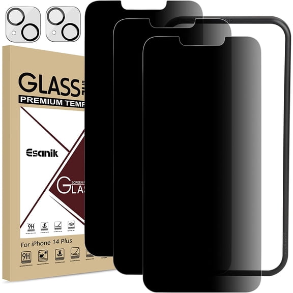 NOO [3+2 Pack Privacy Screen Protector for iPhone 14 Plus 6.7" Anti-Spy Tempered Glass + Camera Lens Protector, Installation Frame, 9H Hardness, Case Friendly, Easy Installation, Bubble Free